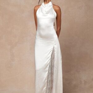 Lulu’s Concetta Ivory Satin Lace Halter Maxi Dress